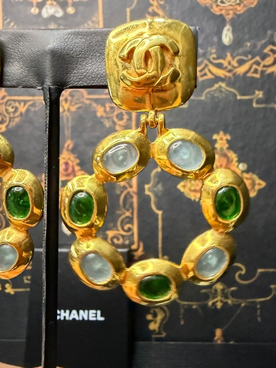 CHANEL 97 Gold Hoop Gripoix Drop Earrings with Green and Light Blue Gripox - Picture 2 of 8